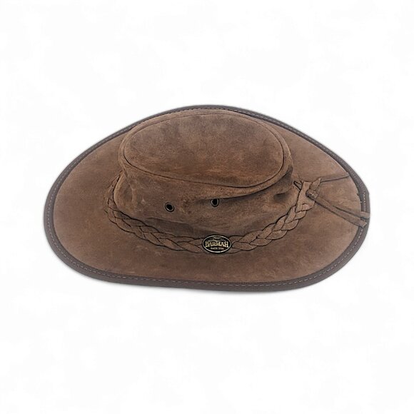 Barmah Hat M Foldaway Hat Braided Suede Leather Wide Brim Brown Womens - Picture 1 of 5